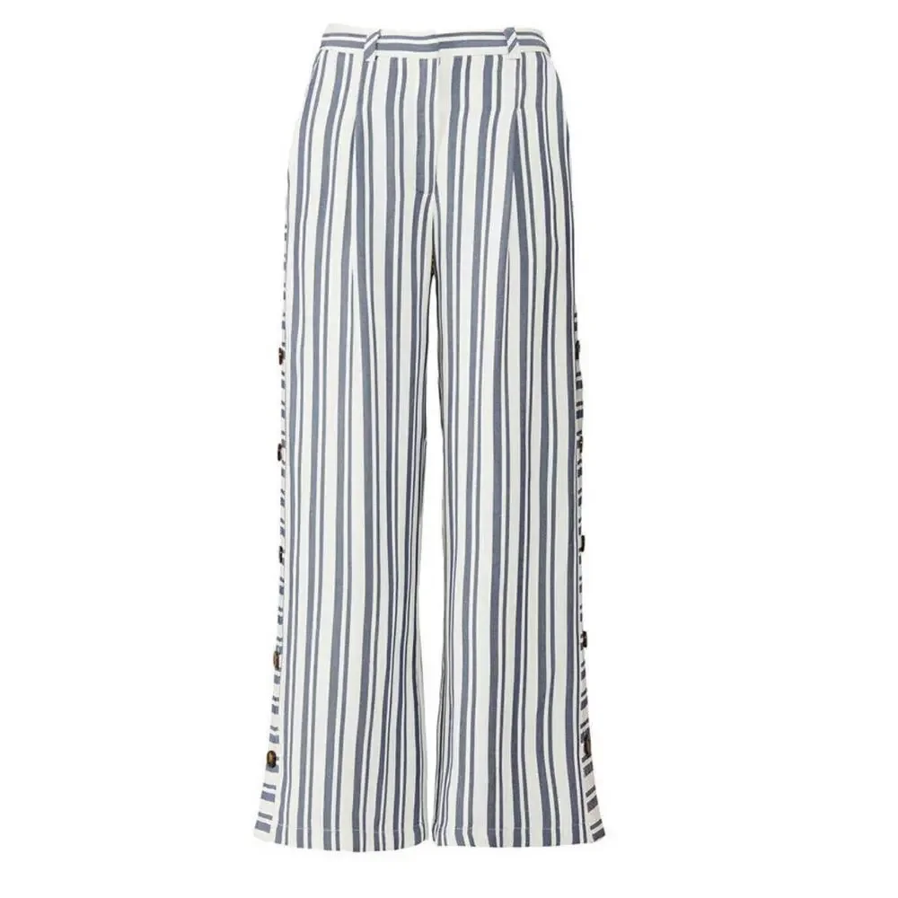 Waverly Grey Pants w Pockets 10 Blue White Stripe Wide Leg Casual Cropped Rayon - Picture 1 of 10